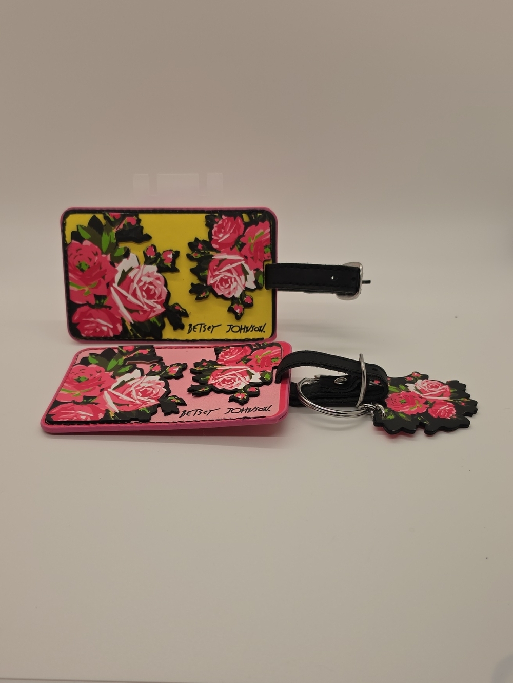Betsey Johnson Pink & Yellow Floral Luggage Tags with Matching Keychain